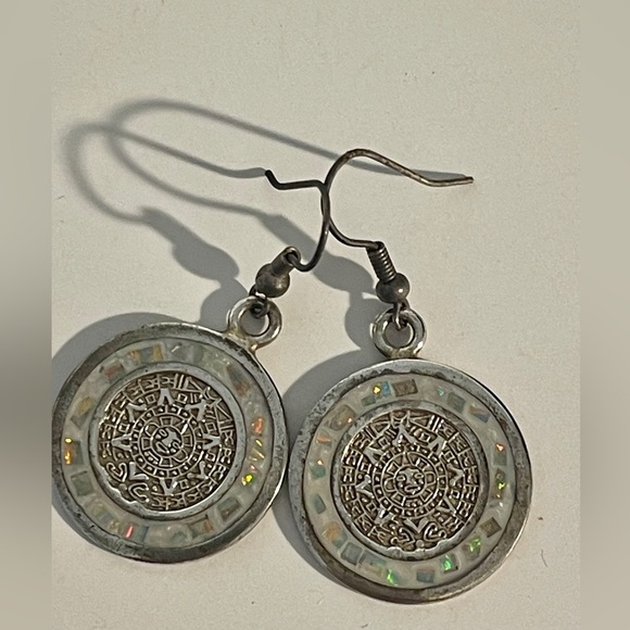 Vintage Sterling Silver & Opal Inlay Aztec Sun Calendar Earrings Made in Mexico - Picture 7 of 11